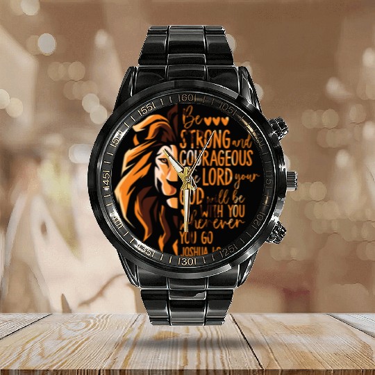 Christian Bible Verse Joshua 1:9 Lion Calendar Steel Band Watch