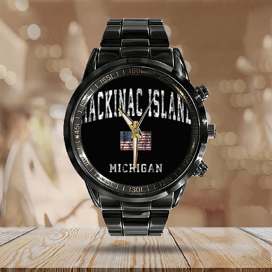 Mackinac Island Michigan MI Vintage American Flag Calendar Steel Band Watch