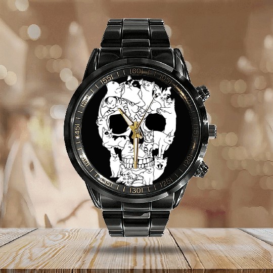 Cat Skull Kitty Skeleton Grunge Style Funny Cat Bo Calendar Steel Band Watch