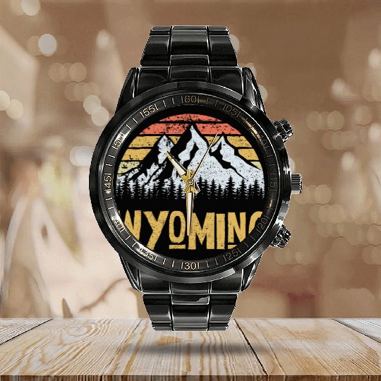 Vintage Retro Wy Wyoming Us Mountain State Calendar Steel Band Watch
