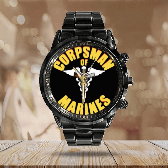 Us Navy Corpsman 8404 Fmf Veteran Front & Back Des Calendar Steel Band Watch