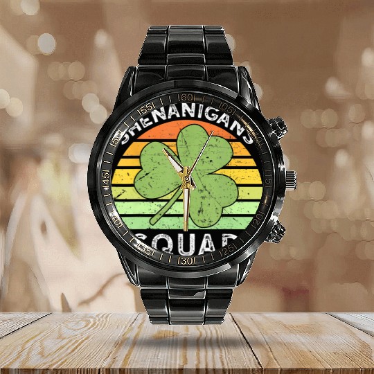 Shenanigans Squad Matching Vintage St Patricks Day Calendar Steel Band Watch