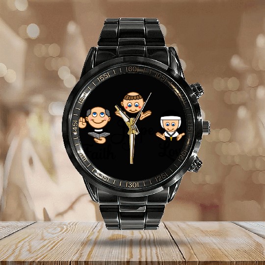 Faith Hope Love with nun, pastor and monk Calendar Steel Band Watch