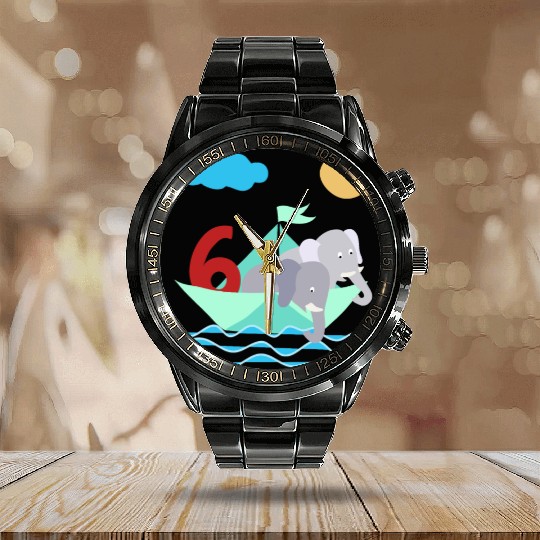 Elephants In Paper Boat Sea 6 Years Birthday Calendar Steel Band Watch