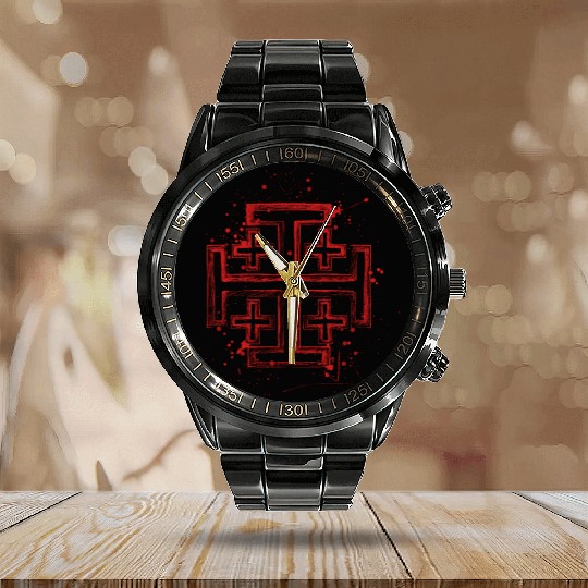 Knights Templar Crusader Cross Calendar Steel Band Watch