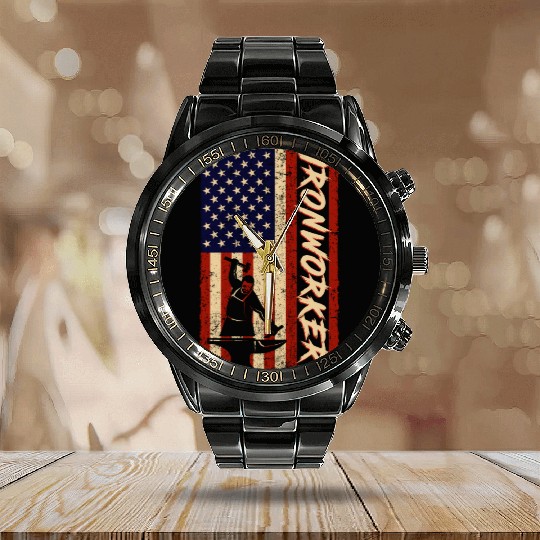 US Flag Ironworker Independence labor Day Calendar Steel Band Watch