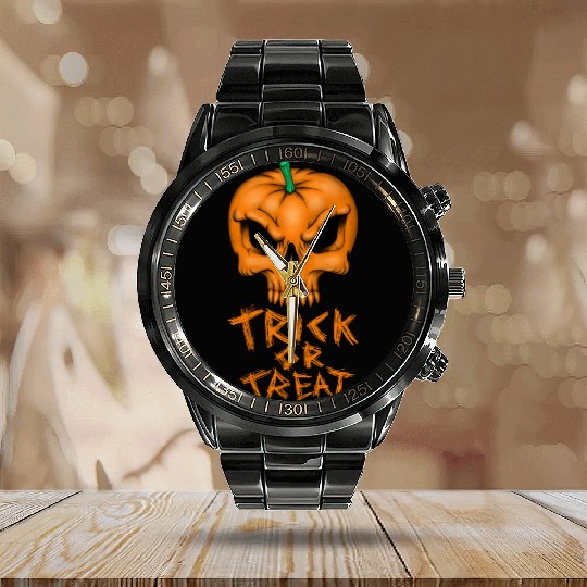 Pumpkin Skull trick or treat Calendar Steel Band Watch