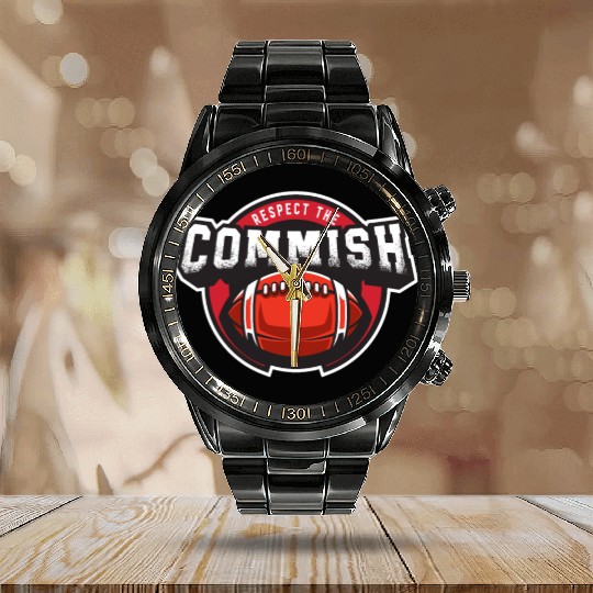 Respect The Commish Fantasy Football Funny Calendar Steel Band Watch