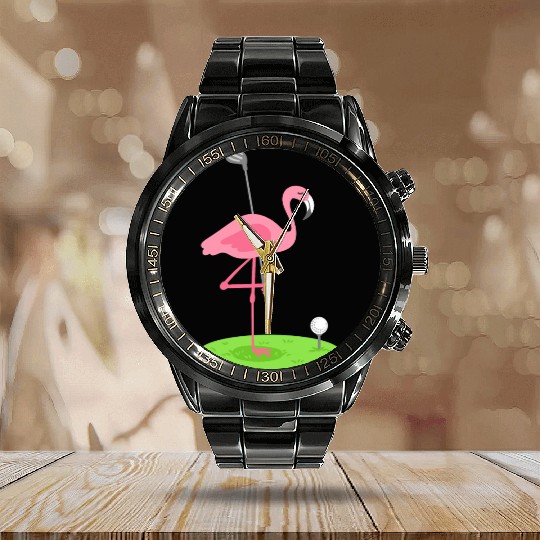 Golf Flamingo Golfing Golfer Calendar Steel Band Watch