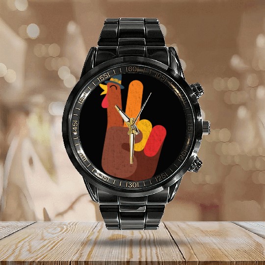 Peace Love Turkey Hand Sign Funny Thanksgiving Calendar Steel Band Watch