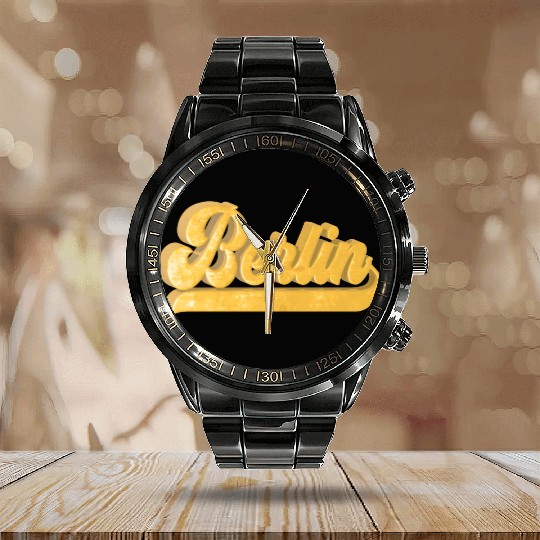 Golden Berlin Bling Bling Logo Calendar Steel Band Watch