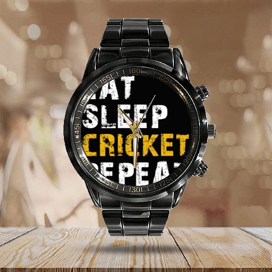 eat sleep cricket Calendar Steel Band Watch