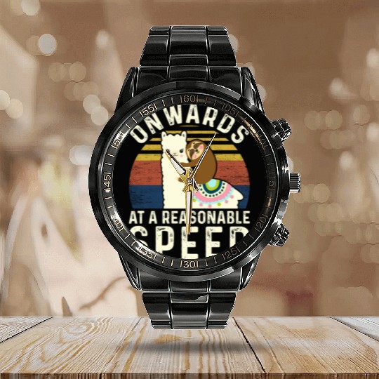 Vintage Style Sloth Riding Alpaca - Funny Llama Calendar Steel Band Watch