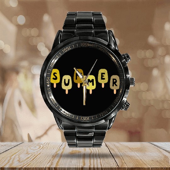 Yellow ICE CREAM STICKS with SUMMER Word Calendar Steel Band Watch