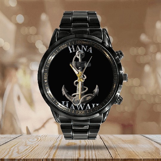 Hana Hawaii Vacation Nautical Anchor Sailing Calendar Steel Band Watch