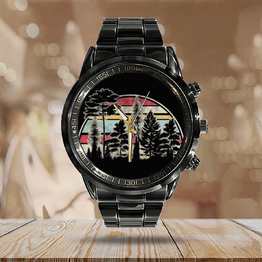 Retro Style Wildlife Trees Outdoors Nature Forest Calendar Steel Band Watch