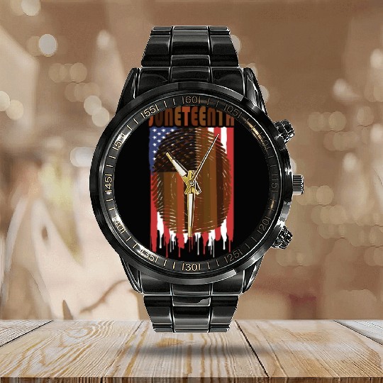 Juneteenth US Flag African American Graphic Calendar Steel Band Watch