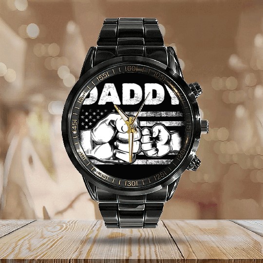 Patriotic Daddy US Flag Dad & Son Fist Bump Calendar Steel Band Watch