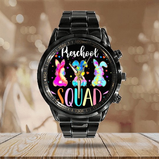 Cute Bunnies Preschool Teacher Squad Easter Day Calendar Steel Band Watch