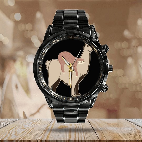 Riding Alpaca Llama Lover Lazy Sloth Calendar Steel Band Watch