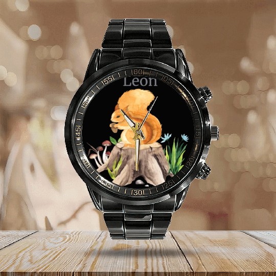 Forest Animal Squirrel Flowers Name Leon Calendar Steel Band Watch
