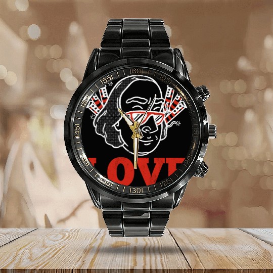 Love America Washington USA Flag 4th Of July Calendar Steel Band Watch