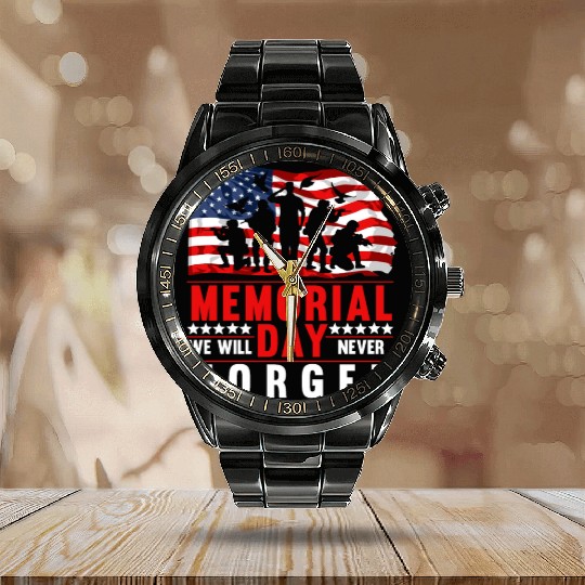 Memorial Day American Flag Soldiers Patriotic US Calendar Steel Band Watch