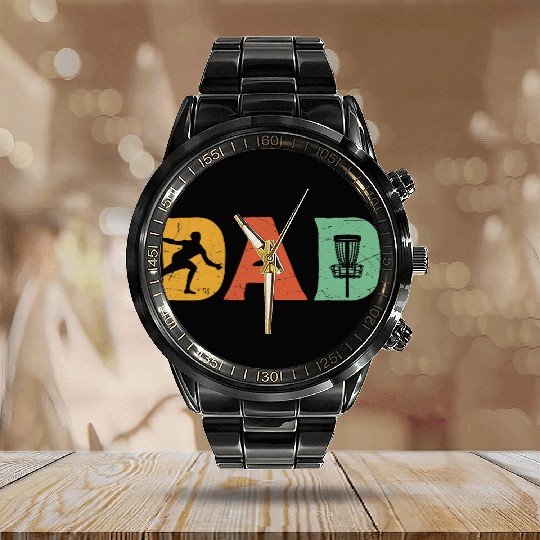 Mens Funny Disc Golf Dad Retro Fathers Day Calendar Steel Band Watch