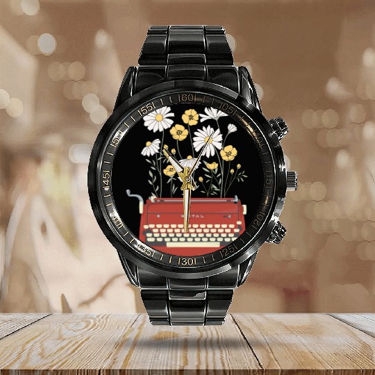 Wild Flower Type Writer Calendar Steel Band Watch