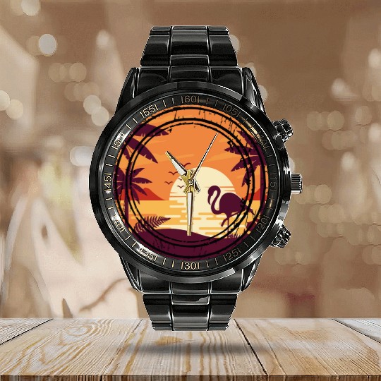 Flamingo Retro Sunset , Beach, Palm Trees Calendar Steel Band Watch