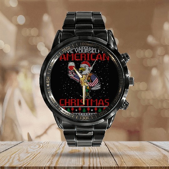 Have Yourself An American Christmas Funny Eagle Calendar Steel Band Watch