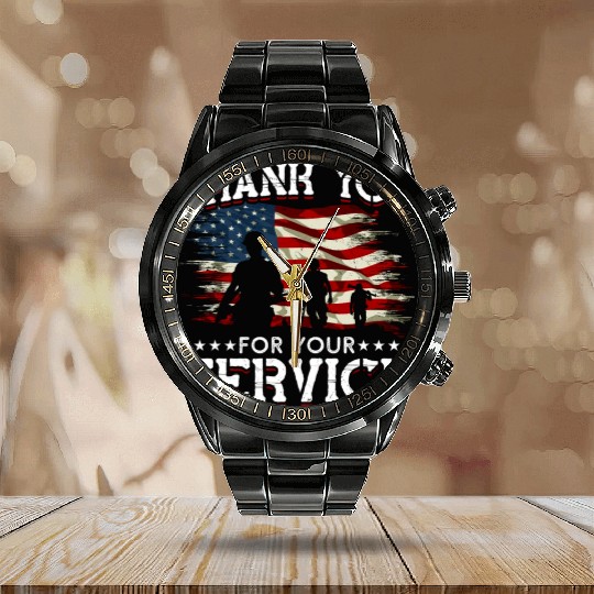 Memorial Day American Flag Patriotic Soldier US Calendar Steel Band Watch