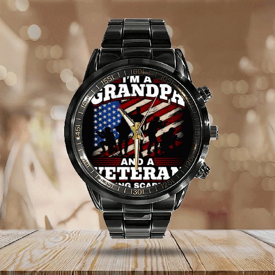 Grandpa US Veteran Grandfather Patriotic Calendar Steel Band Watch
