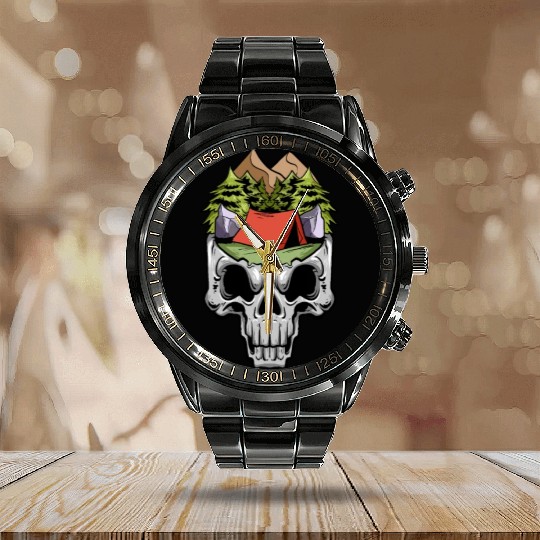 Camper Campsite Skull Skeleton Head Camp Camping Calendar Steel Band Watch