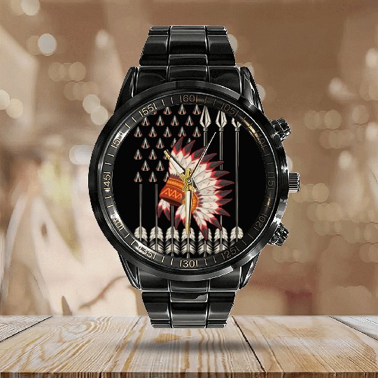 Native American Chief Traditional US Flag Calendar Steel Band Watch