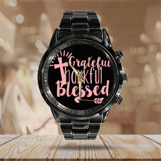 Grateful Thankful And Blessed Jesus Cross Calendar Steel Band Watch