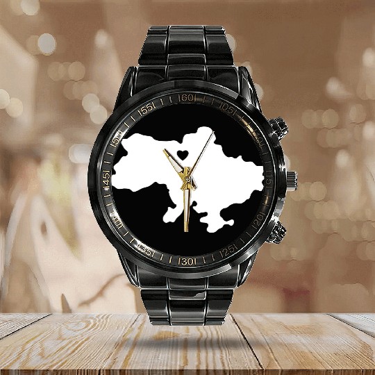 Ukraine Heart Outline Contour Calendar Steel Band Watch