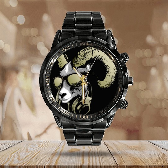 DJ Goat Bling Cool and Funny Music Animal with Calendar Steel Band Watch