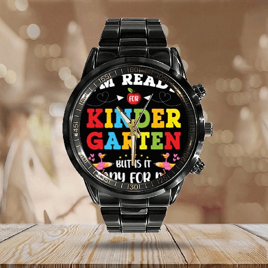 I'm ready for Kindergarten Funny Flamingo School Calendar Steel Band Watch