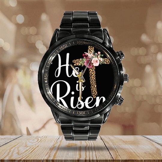 He Is Risen Jesus Christ Cross Easter Sunday Calendar Steel Band Watch