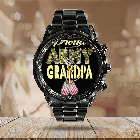 Proud Army Grandpa Camo Us Dog Tag Military Grandf Calendar Steel Band Watch