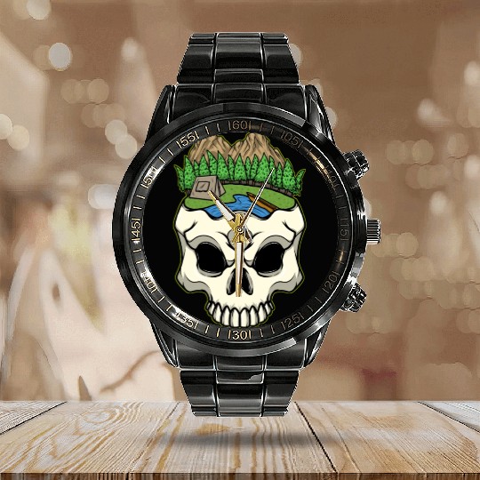 Skeleton Head Camp Campsite Camper Camping Calendar Steel Band Watch