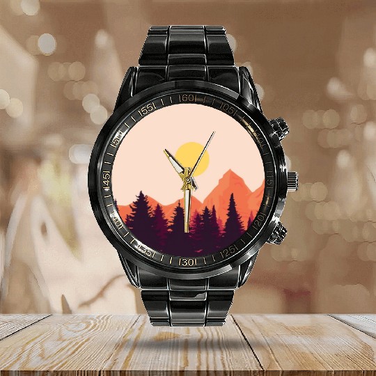 sunset horizon mountains Calendar Steel Band Watch
