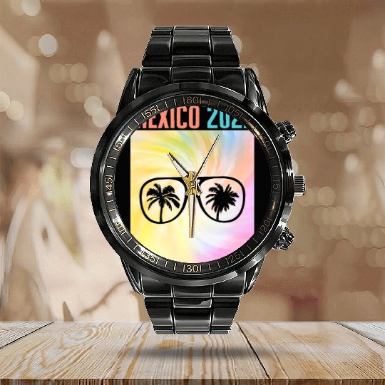 Mexico 2022 Calendar Steel Band Watch, Mexican Sunglasses Palm Tree