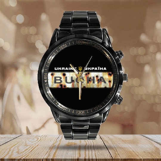 Road sign "Bucha - Ukraine" Calendar Steel Band Watch