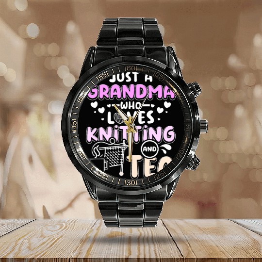 Grandma who loves knitting and tea Calendar Steel Band Watch