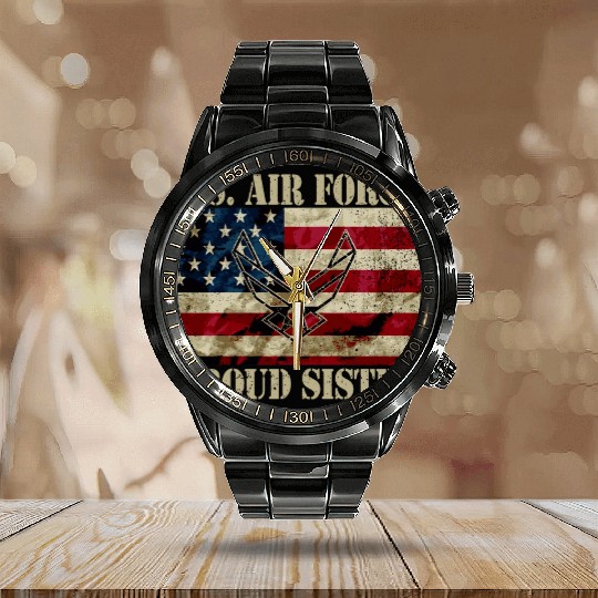 Proud Air Force Sister Military Veteran Pride Us F Calendar Steel Band Watch