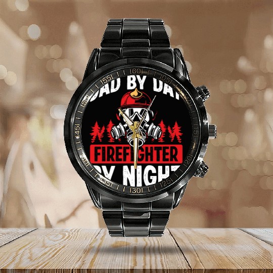 Night Shift Firefighter Dad Fathers Day Firemen Calendar Steel Band Watch