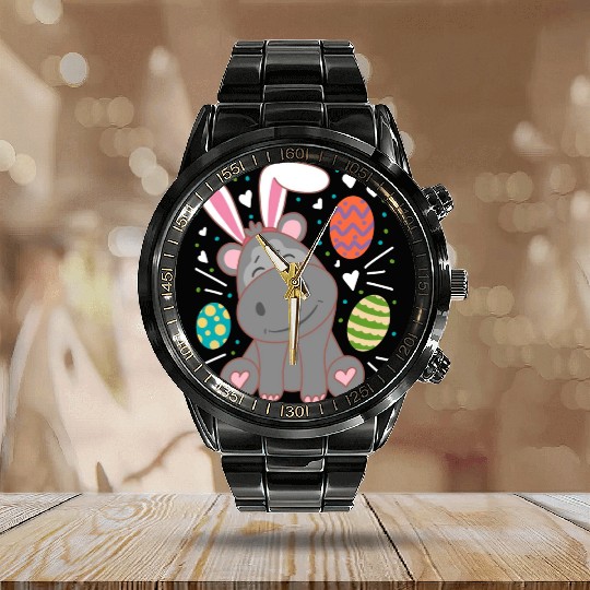Hippo Wearing Rabbit Bunny Ears Funny Easter Calendar Steel Band Watch
