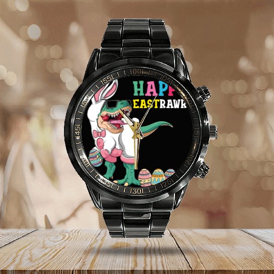 Happy Eastrawr T Rex Dinosaur Easter Bunny Egg Calendar Steel Band Watch
